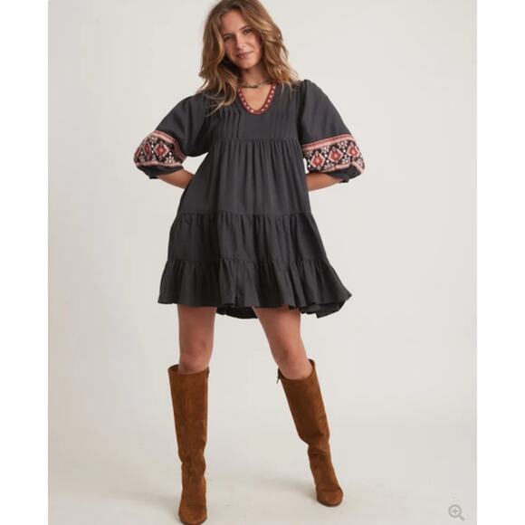 Marine Layer Dress Womens Large Olema Mini Embroidered Boho Peasant Tiered Gray - Picture 1 of 13